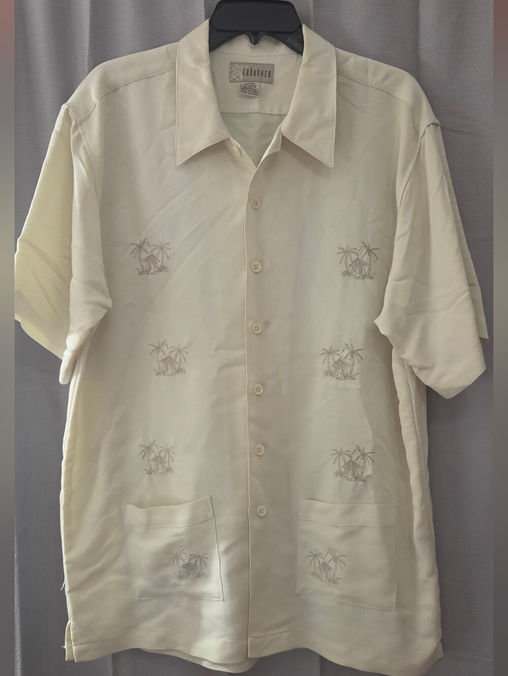 Cubavera Men's Cream Short-Sleeve Camp Shirt with Embroidered Palms Large